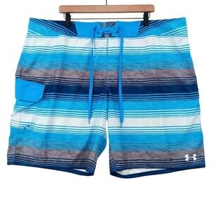 Under Armour Board Shorts Mens 44 Blue Striped HeatGear Loose Fit Swim Trunks